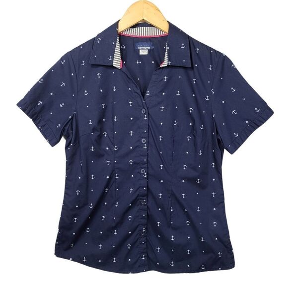 Basic Edition Blue Women's Button Down Anchor Top - Picture 1 of 10